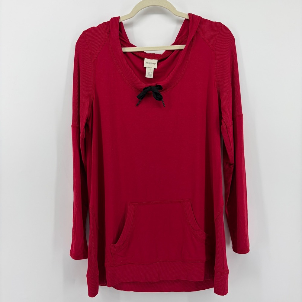 Zenergy by‎ Chicos Womens M Red Hooded T Shirt Long Sleeve Bow Kangaroo Pocket